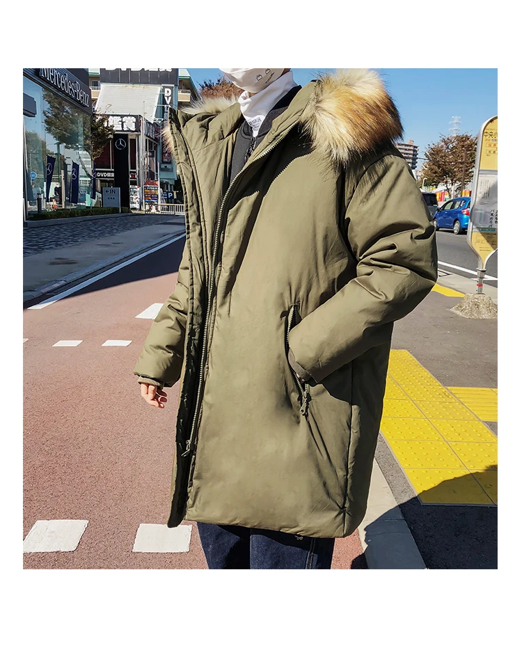 Liketkit, мужские зимние куртки и пальто с капюшоном,, одноцветное, большой меховой воротник, длинное пальто, мужская, корейская мода, свободная, плотная парка