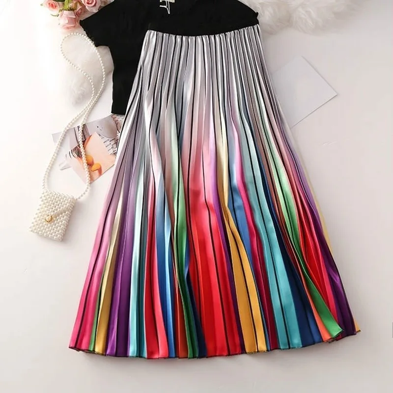 Simple And Generous Women's Gradient Rainbow Print Skirt Midlength