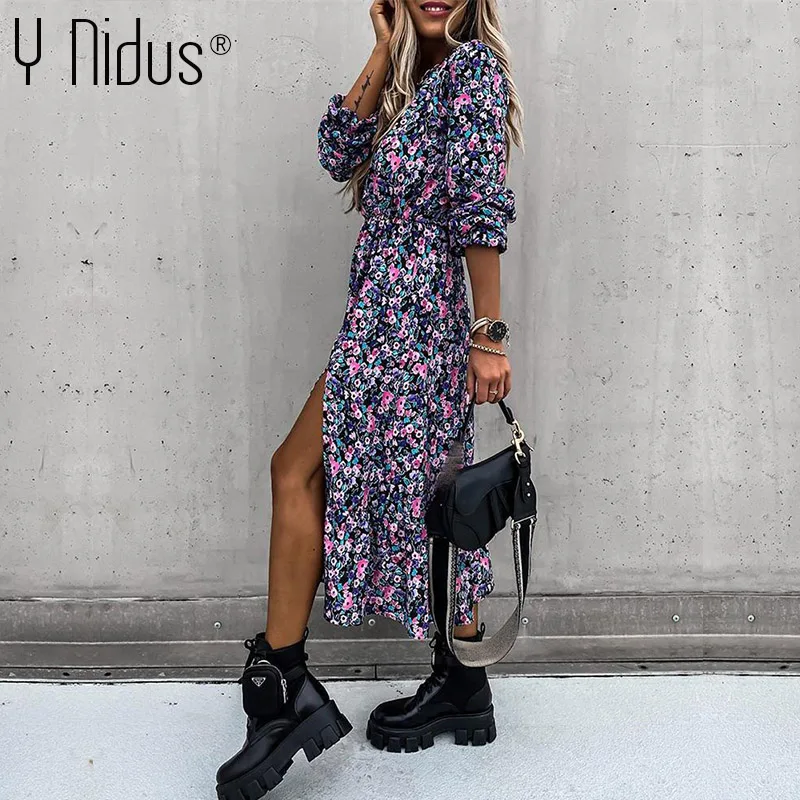 Y Nidus Leopard Women Autumn Dress 2020 Floral Print V-Neck Maxi Tunic Button Up Split vestido Flowy Evening Party Shirt Dresses