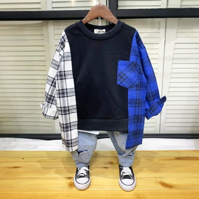 Spring New Boys Hoodie Plaid Cotton Kids Clothing Long Sleeve Casual Patchwork Girls 4 5 6 7 8 9 10 11 12 13 14 Years