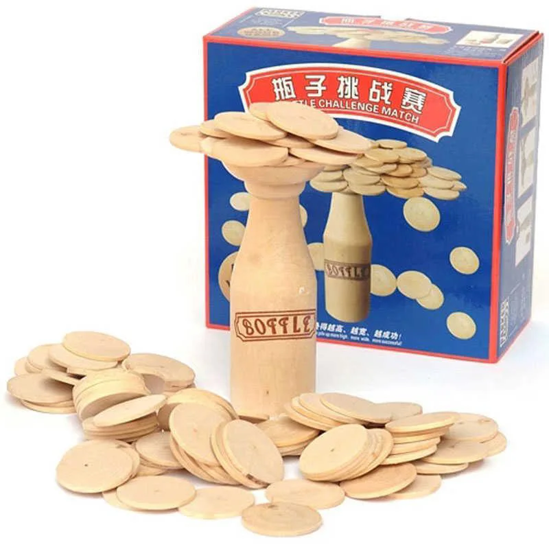 Kids' Children's Fun Board Game Match - Pile Up Wooden Cakes Above Bottle