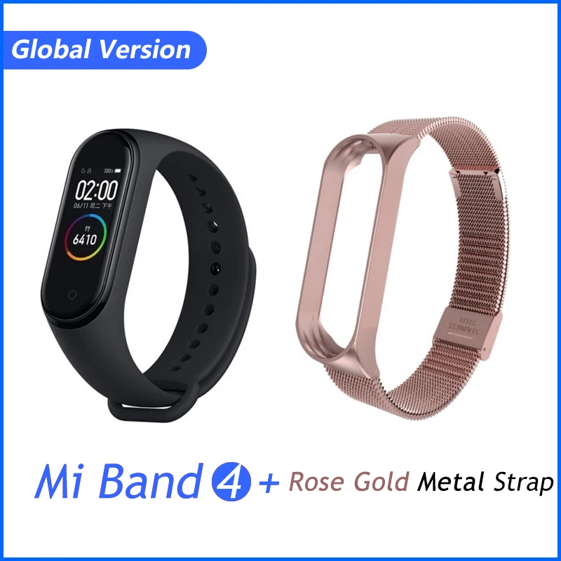 GB rose gold Xiaomi Mi группа 3 4 глобальная Версия смарт-Браслет фитнес-браслет часы 3 большой сенсорный экран сообщение время сердечно - Цвет: GB rose gold