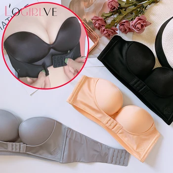 

Logirlve Strapless Underwear Women's Invisible Non-Slip Small Chest Thickened Gathered Up And Front Buckle One-Shoulder Bra