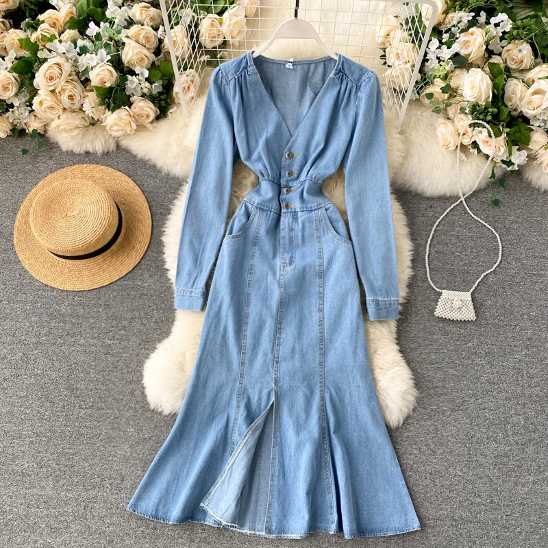 

V-neck Single Breasted Autumn Winter Wrap Mermaid Fishtail Dress Women Elastic Waist Single Breasted Long Sleeve Denim Dresses