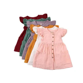 

Kid Girls Fly Sleeve Summer Dresses Single Breasted Round Neck Solid Color Dress 6 Color Pocket Fashion Dress for Toddlers Girls