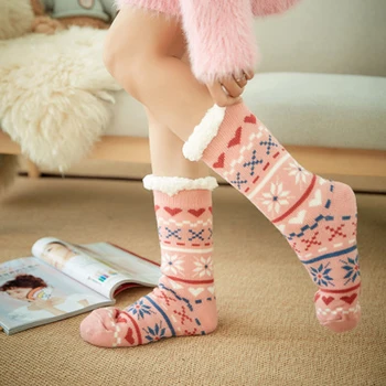 

Autumn Winter Women Slippers Home Socks Christmas Cartoon Elk Floor Socks Plush Velvet Non-slip Carpet Fluffy Warm Socks