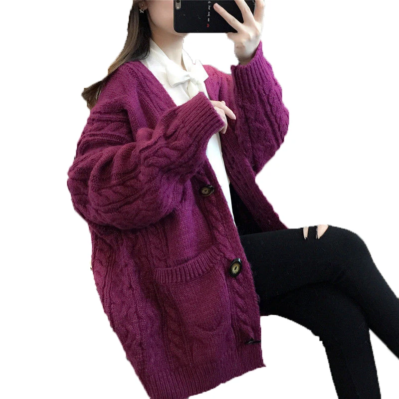 

Fall winter wool cardigan women's mid-length V-neck sweater loose thick cashmere knitted jacket