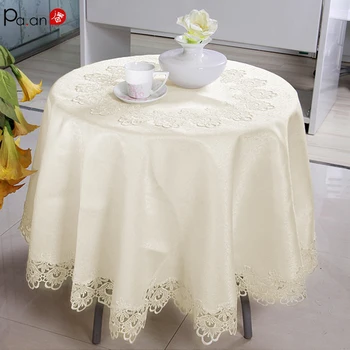 

Romantic Ivory Round Tablecloth for Wedding Party Lace Floral Embroidered Edge Table Covers Soild Decor Jacquard Satin Cloth