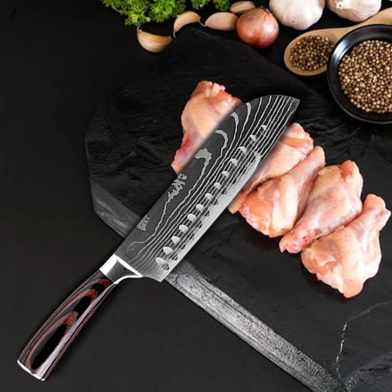 Дамасский кухонный нож с лазерным узором 6 шт. японский 7CR17 440C из