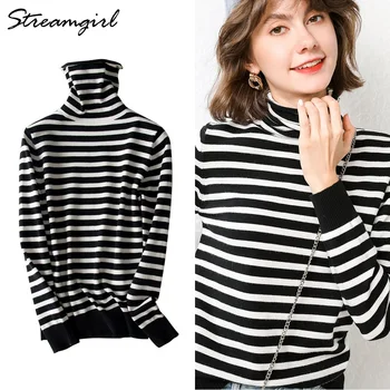 

Autumn Turtleneck Red And White Striped Sweater Women Winter Soft Yellow Wool Sweater Turtleneck Women Sweaters With Stripes Top