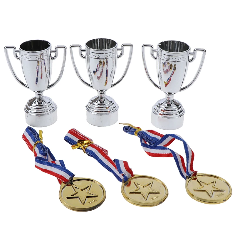 

6 Pcs=3pcs Gold Plastic Winners Medals +3 plastic Trophy Toys For Kids Party Fun Props hot sale