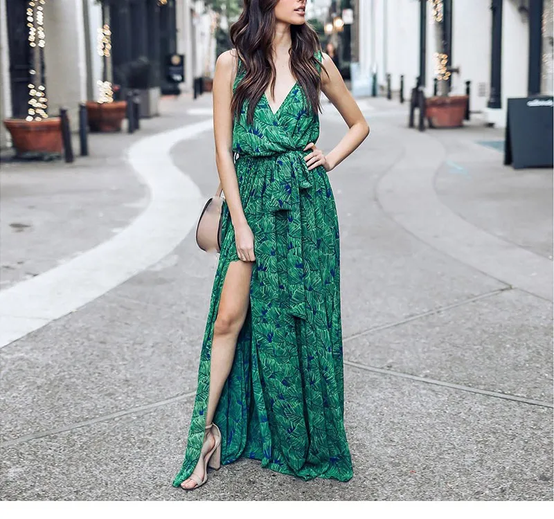 

2019 Green Tropical Maxi Dresses Boho Casual V Neck Tunic Draped Beach Dress Splits Print Party Dress