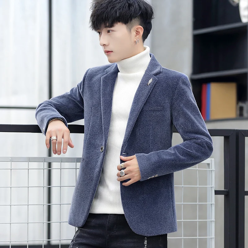 Бархатные мужские блейзеры на одной пуговице, приталенная повседневная мужская куртка, однотонное пальто с отворотом, размеры M-3XL, T109