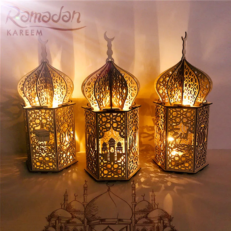 Islamic Ramadan Palace Light Mubarak Wooden Golden LED Lantern Household DIY Muslim Night Eid Decoration Gift Part | Дом и сад