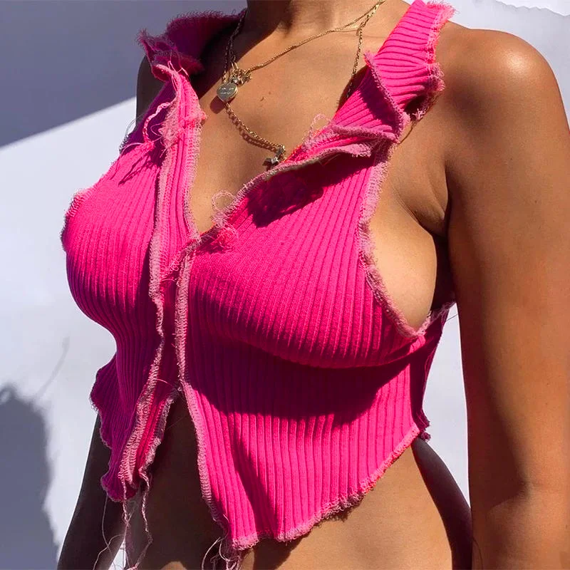 InstaHot sexy turn down collar tank tops tassel vintage sleeveless split knitted crop top summer patchwork casual women tops