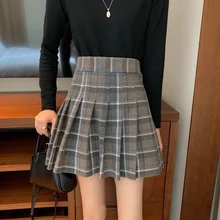 Осенне-зимняя плиссированная юбка с высокой талией, Женская шерстяная клетчатая офисная мини-юбка, модные облегающие короткие юбки Faldas