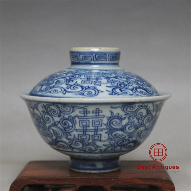 

Qing Blue and White Happy Character Cover Bowl Cover Cup Tea Set Antique Vase Decoration Porcelain Collection Retro Home Decor
