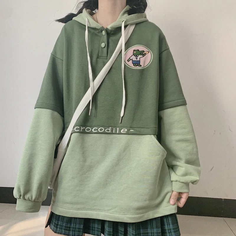 Осенняя японская женская Толстовка Harajuku милый мультфильм крокодил вышивка стереоскопический с капюшоном длинным рукавом Теплые кофты Топы