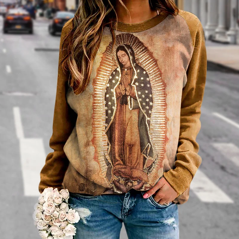 Women's Long Sleeve Top Fashion Vintage Original Of Our Lady Guadalupe Virgin Mary Print Skin-friendly Sweatshirt For Saint Girl