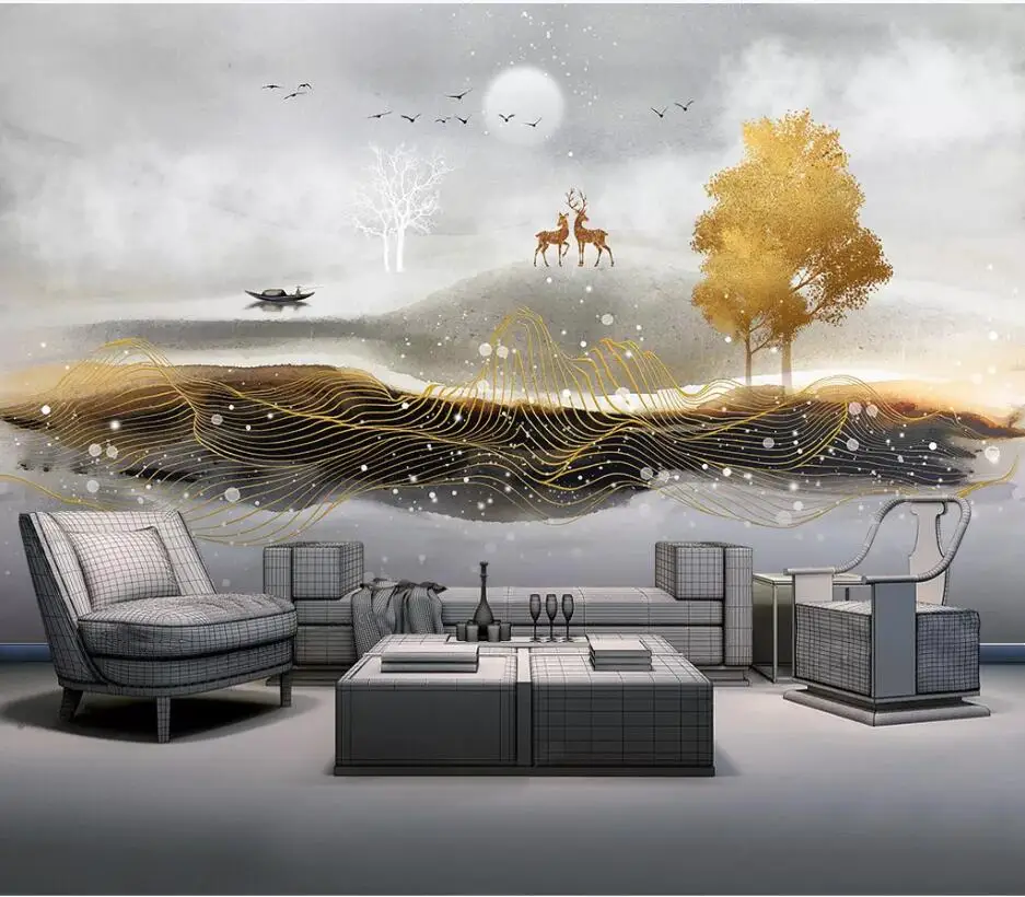 Обои на заказ, 3d Фреска, китайский свет, роскошные чернила, художественный пейзаж, вода, дерево богатства, лось, фон, обои