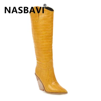 

Brand fashion embossed microfiber leather women's knee high boots pointed toe high heel western cowboy outdoor women boots