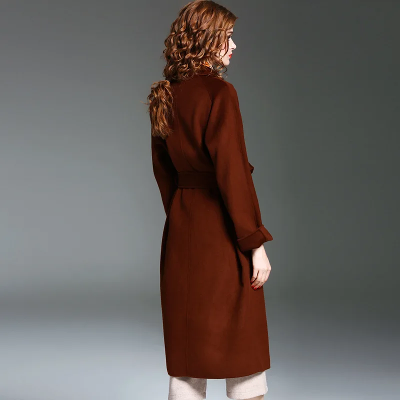 Новое зимнее высококачественное роскошное модное шерстяное пальто ручной работы элегантное женское двустороннее шерстяное длинное пальто с поясом