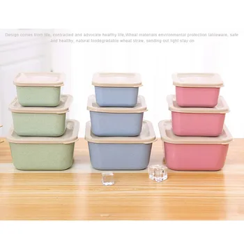 

Wheat straw three-in-one lunch box Green cover with fresh-keeping box student multi-layer lunch box sushi box children bowl