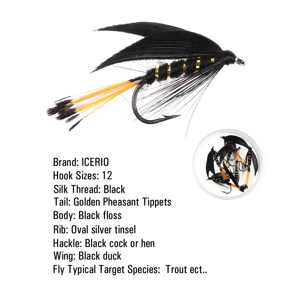 ICERIO 6 шт. черная утка крыло фазана Tippets хвост муха Связывание крюк мокрые мухи Нимфа личинка форель Рыбалка муха приманки#12