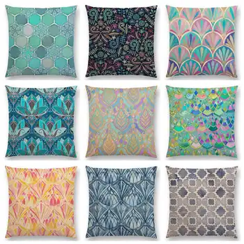 

Art Deco Fresco Mediterranean Pattern Lotus Watercolor Patchwork Cushion Cover