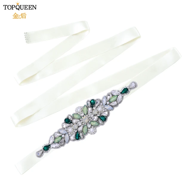 TOPQUEEN S443 Luxury Green Rhinestone Bridal Belt Beaded for Formal Evening Dresses Custom Diamond Decorative Belt Handmade off white ribbon