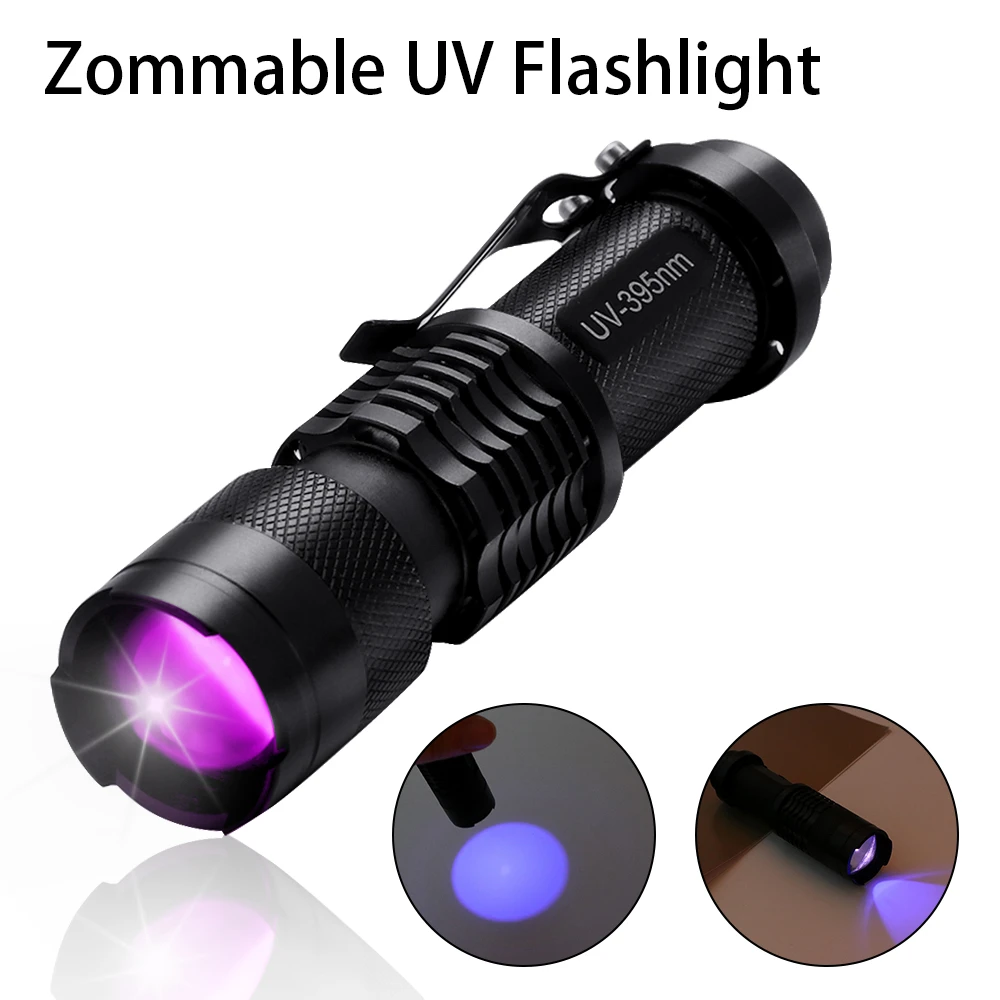 LED UV Flashlight Ultraviolet Torch With Zoom Function Mini UV Black Light Pet