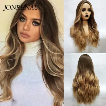 JONRENAU Long Synthetic Natural Wave Brown to Golden Blonde Ombre  Hair Wig Daily Wear Wigs for White /Black women 1