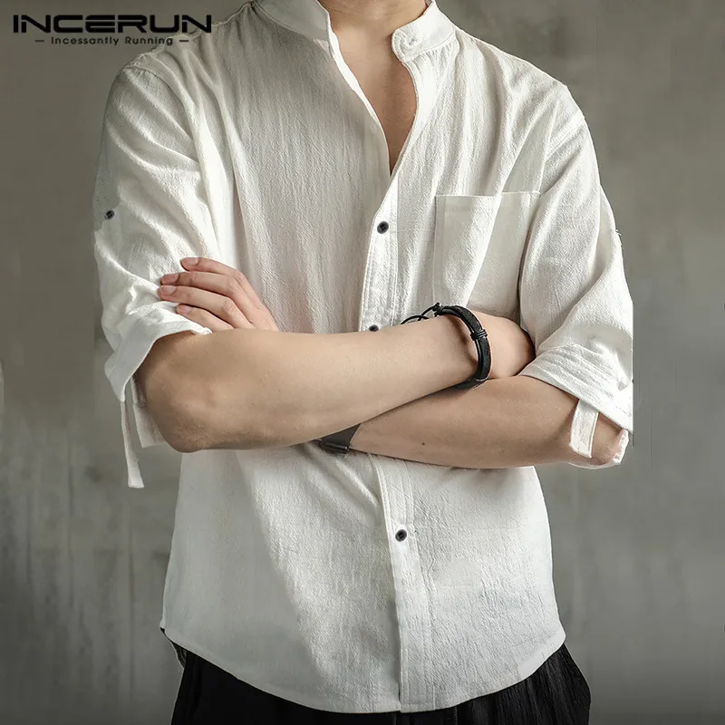 INCERUN Men Solid Color Shirt Vintage Stand Collar Cotton Breathable Retro 3/4 Sleeve Pockets Mens Casual Shirts Harajuku 2020 INCERUN Men Solid Color Shirt Vintage Stand Collar Cotton Breathable Retro 3/4 Sleeve Pockets Mens Casual Shirts Harajuku 2020