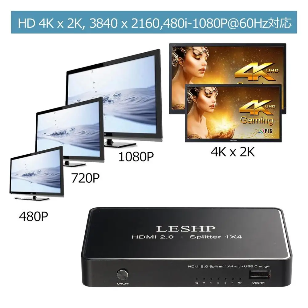 LESHP 1 Port HDMI Input 4 Port HDMI Output HDMI 2.0 Splitter With USB Charge Support 1080P 3D Compliant HDMI 2.0 HDCP 2.2 LESHP 1 Port HDMI Input 4 Port HDMI Output HDMI 2.0 Splitter With USB Charge Support 1080P 3D Compliant HDMI 2.0 HDCP 2.2