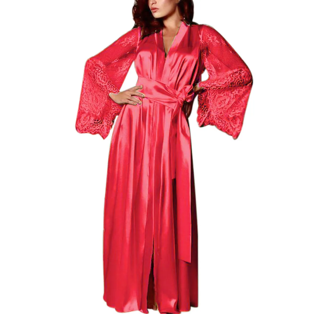 Халат женский атласный кружевной халат платье соблазнительное кимоно Feminino банный халат ночная рубашка-пеньюар Удобная длинная Пижама Плюс Размер 7/23 - Цвет: red