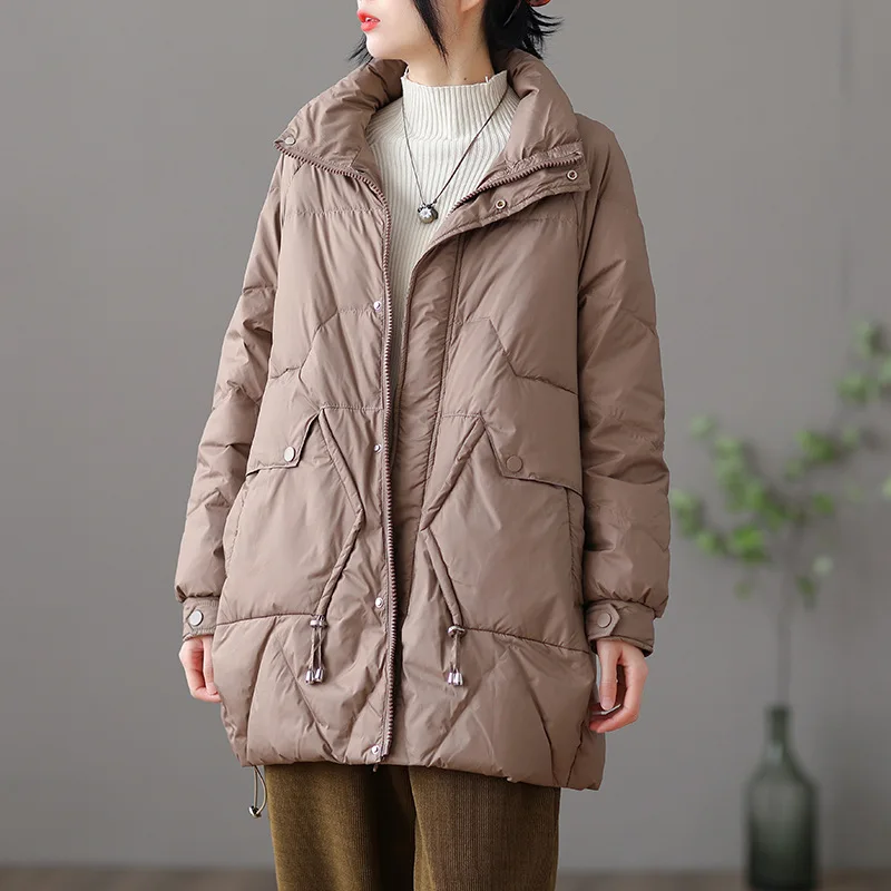 Literary Mid-length Down Jacket Ladies 2021 New Winter White Duck Down Jacket Women All-match