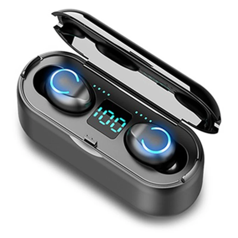Button LED black F9 TWS, Беспроводная Bluetooth V5.0 гарнитура, мини-гарнитура, 8D, стерео гарнитура, светодиодный дисплей, Hi-Fi гарнитура с питанием - Цвет: Button LED black