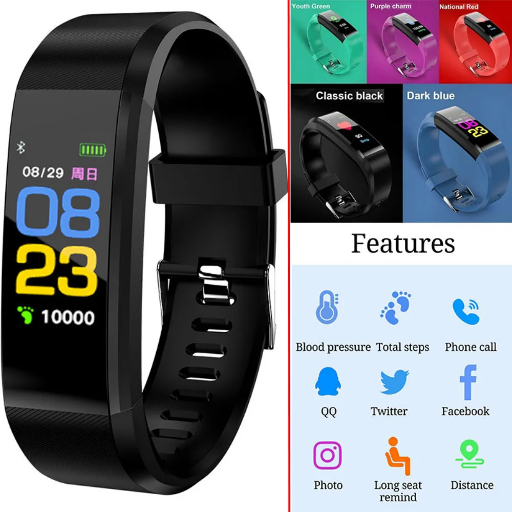 HSXDWD 115 Plus Smart Wristband Bluetooth-compatible Smart Watch Heart Rate Monitor Fitness Tracker Bracelet Waterproof