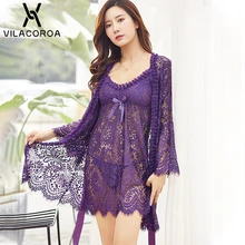 Сексуальное Кружевное красное Женское ночное белье с v-образным вырезом, Мини Ночное платье+ халат с длинным рукавом, ночной комплект, сексуальный перспективный комплект для отдыха, банный Халат