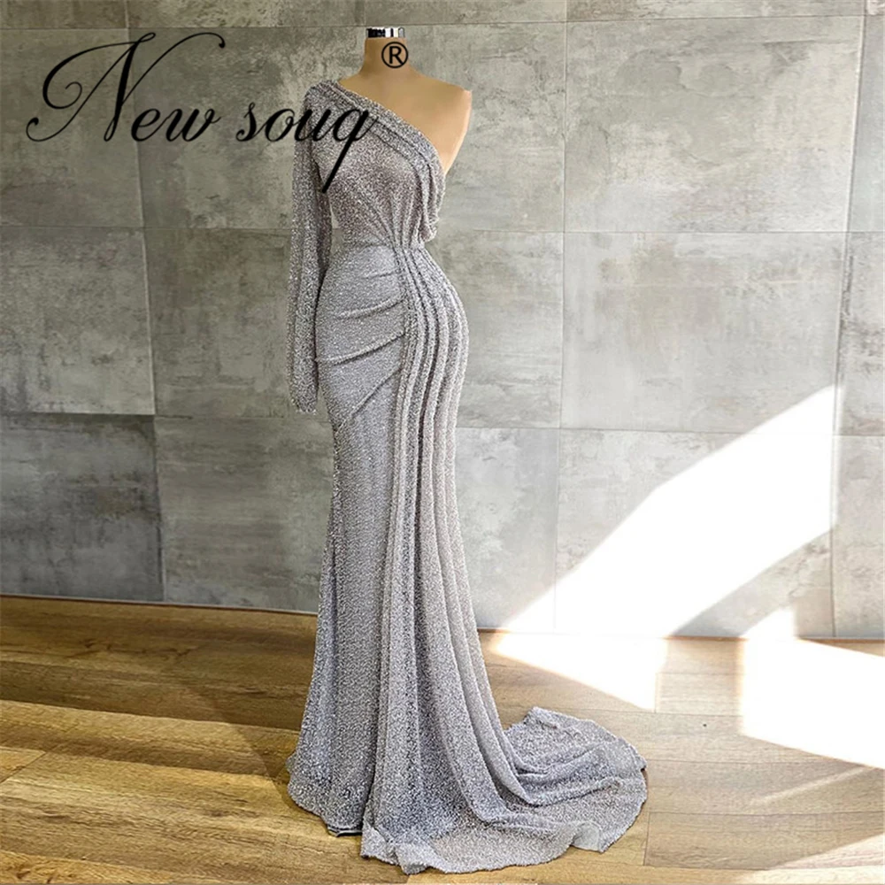 

Fashion Silver One Shoulder Evening Dresses Customized 2020 Saudi Arabia Long Mermaid Evening Gown Prom Dress Glitter Beaded