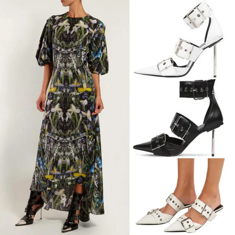 

Luxury Designer Women Punk Sandals Belt Metal Buckles Gladiator Sandals Women Pointed Toe High Heels Shoes Woman Summer Boots