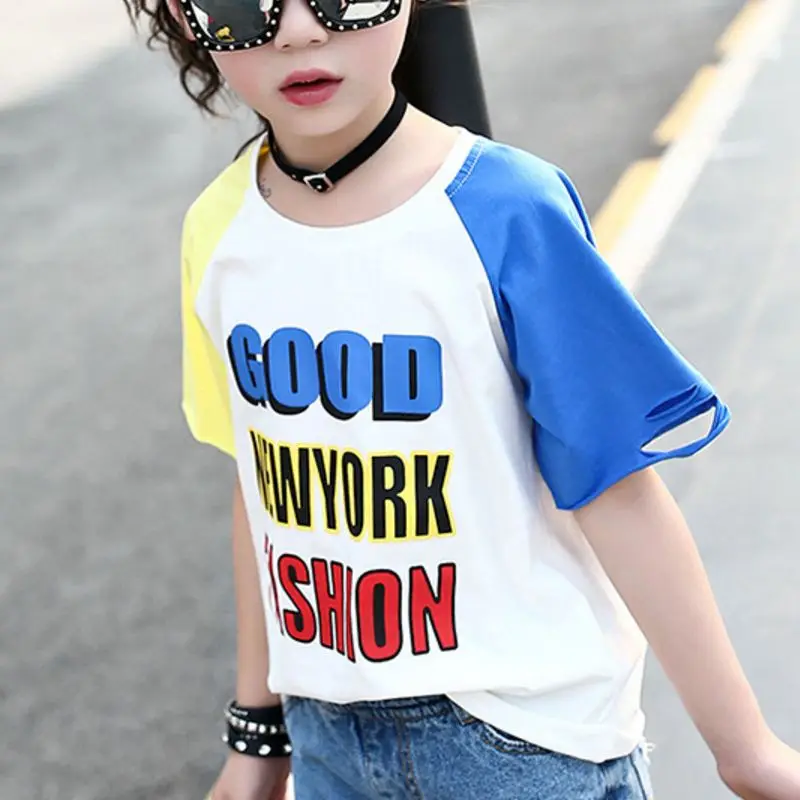 Girls Letter Print T Shirt Children Short Sleeve Patchwork Summer Tops Fashion Teenagers Casual Loose Shirts 3-12T AA51795