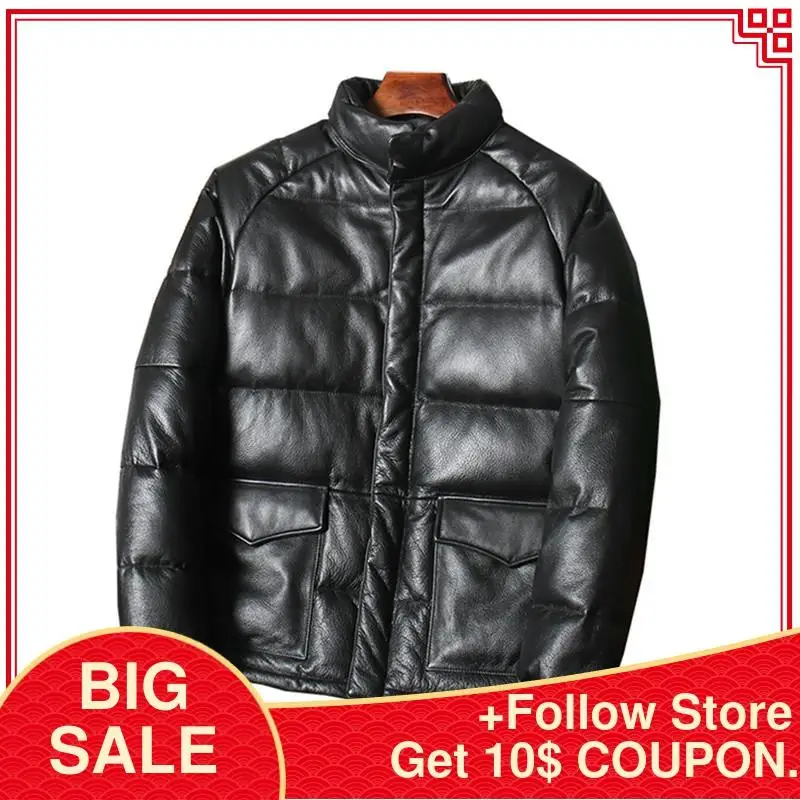 

2020 Black Thick Leather Down Jacket Men Plus Size XXXL Genuine Cowhide Russian Winter Warm Slim Fit Down Coat FREE SHIPPING