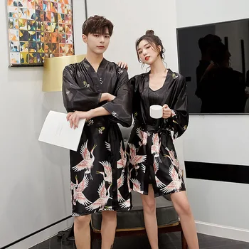 

Spring and Autumn Couple Pajamas Ice Silk Long-sleeved Sexy Silk Kimono Bathrobe Pajamas Couples Simulation Silk Bird Homewear