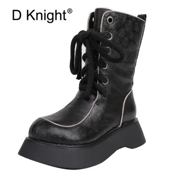 

Genuine Leather Retro Hemp Rope Wool Western Mid-Calf Boots Shoes New Winter Thick-Soled Platform Mid-Tube Short Boots For Women