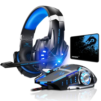 Kotion EACH G9000 Gaming Headset Deep Bass Stereo Game Headphone with Microphone LED Light for PC Laptop+Gaming Mouse+Mice Pad best computer gaming headset with microphone xiberia x13 virtual 7 1 channel headband stereo game headphone ecouteur for pc game