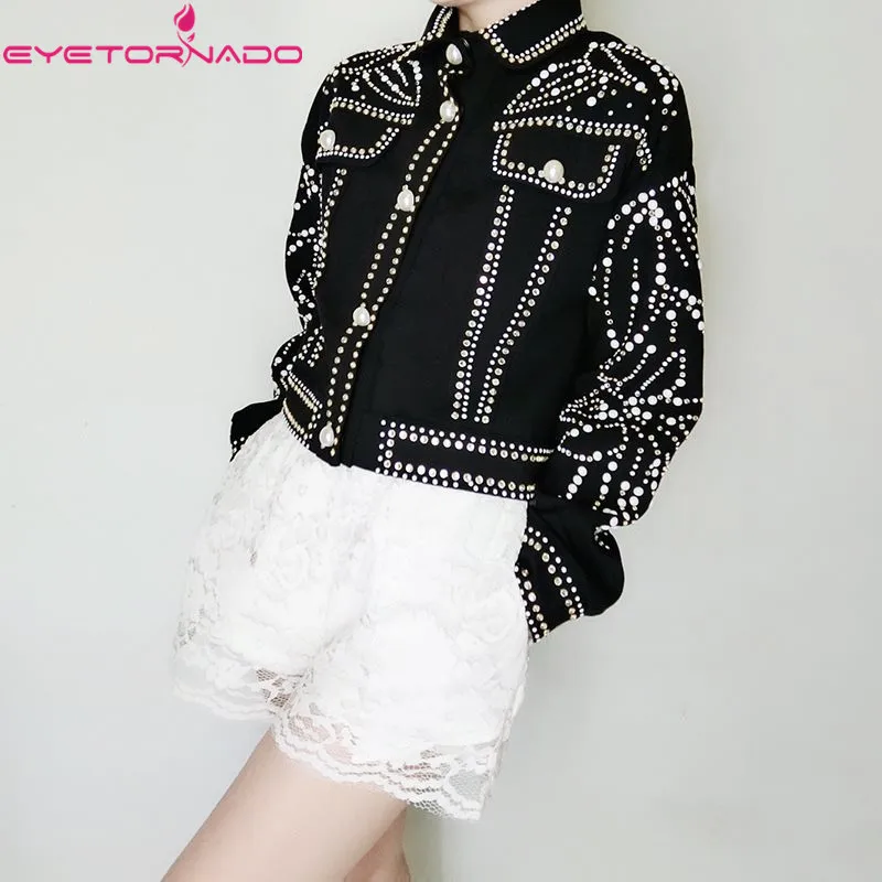 

2019 Women Autumn Winter Luxury Rivet Pearls Beading Slim Short Basic Jacket Black Pockets Chic Street Bomber Baseball Jacket