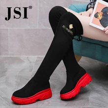 JSI ботфорты женские сапоги до колена ; теплые короткие плюшевые женские на плоской подошве с круглым носком; эластичные сапоги зимние сапоги красные сапоги D01