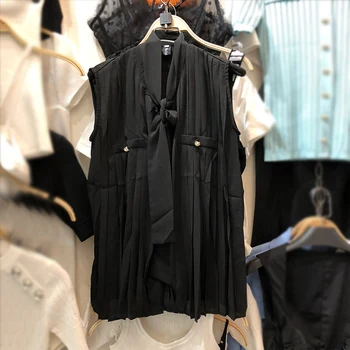 

Black Chiffon Shirt Women 2020 Summer New Sleeveless Loose Casual Blouse Women's Ribbon Chiffon Pleated All-match Shirt Blusas