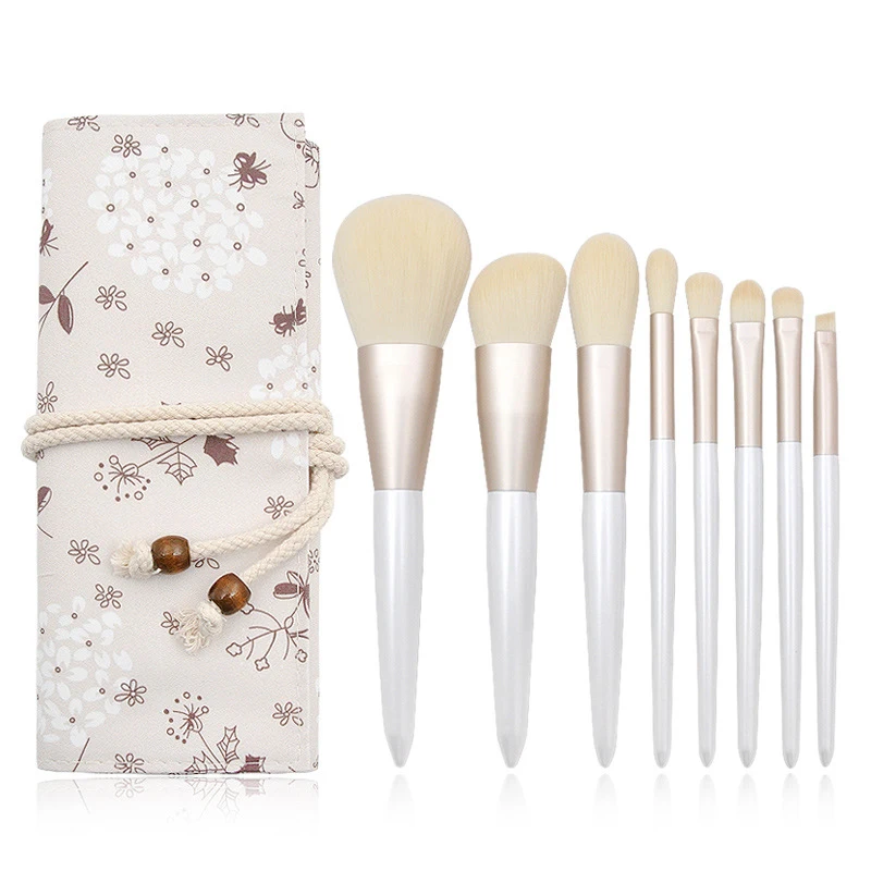 Beige With Brush Bag 8 шт./компл. белая деревянная ручка набор кистей для макияжа кисть для нанесения основы под макияж кисть для румян, кисть для теней, Профессиональные кисти для макияжа - Handle Color: Beige With Brush Bag